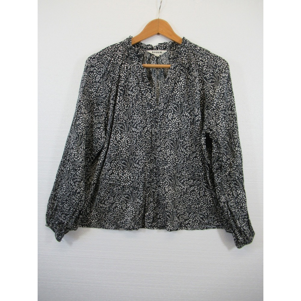 Boden Ruffle Neck Blouse Women 10 Floral Gray Button Up V-neck